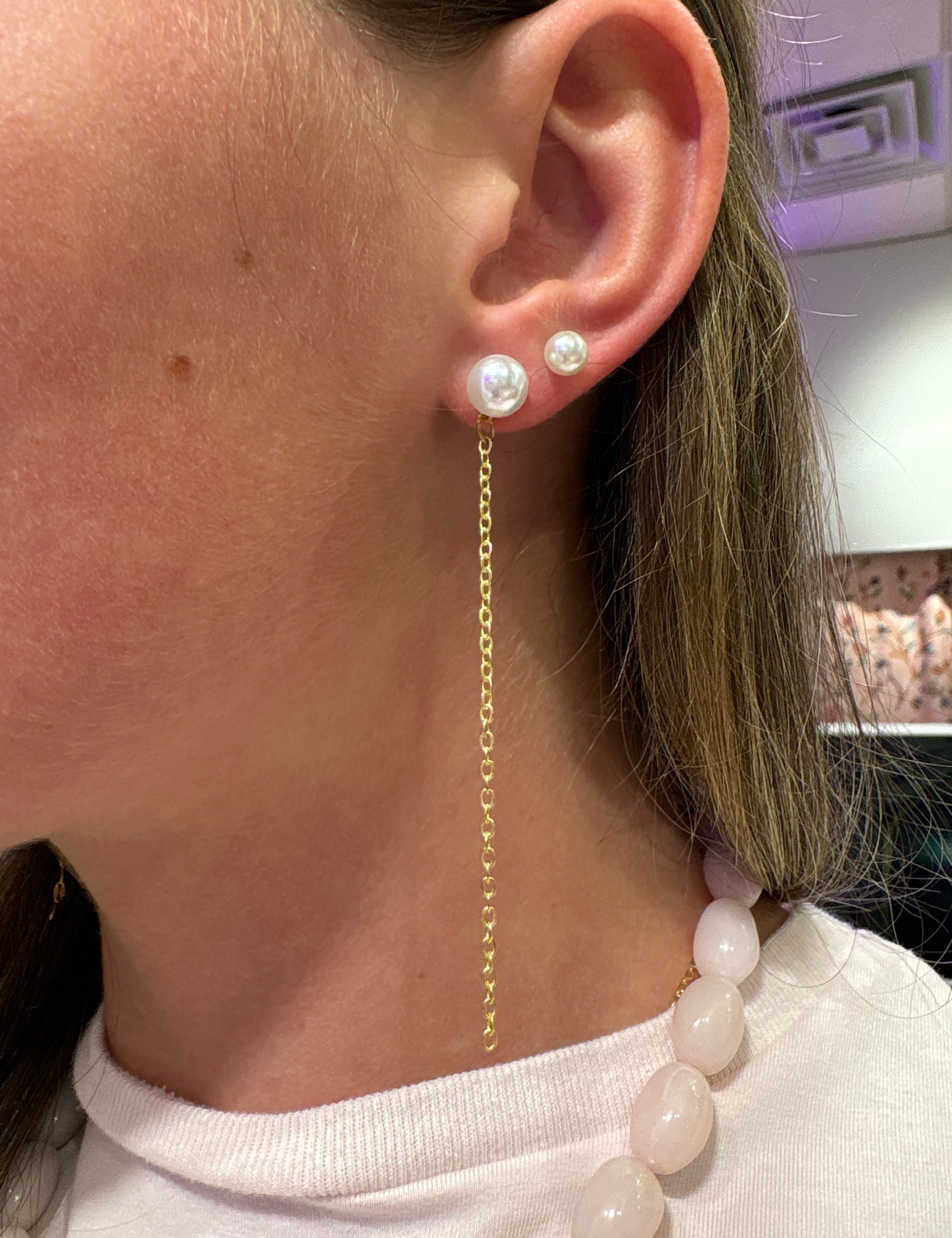 Large Pearl Chain Duster Earrings — large pearl and small, medium, large chain size