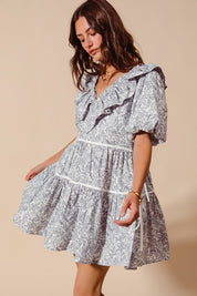 Off White & Navy Printed Ruffle V-Neckline Dress