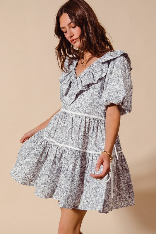 Off White & Navy Printed Ruffle V-Neckline Dress