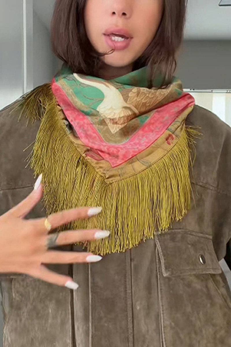 Green Floral Crane Print Square Scarf