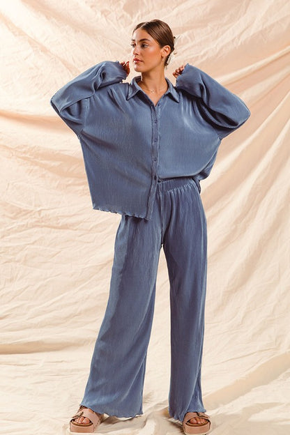 Blue Pleated Top & Pants Set