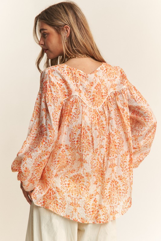 Orange Floral Long Sleeve Blouse