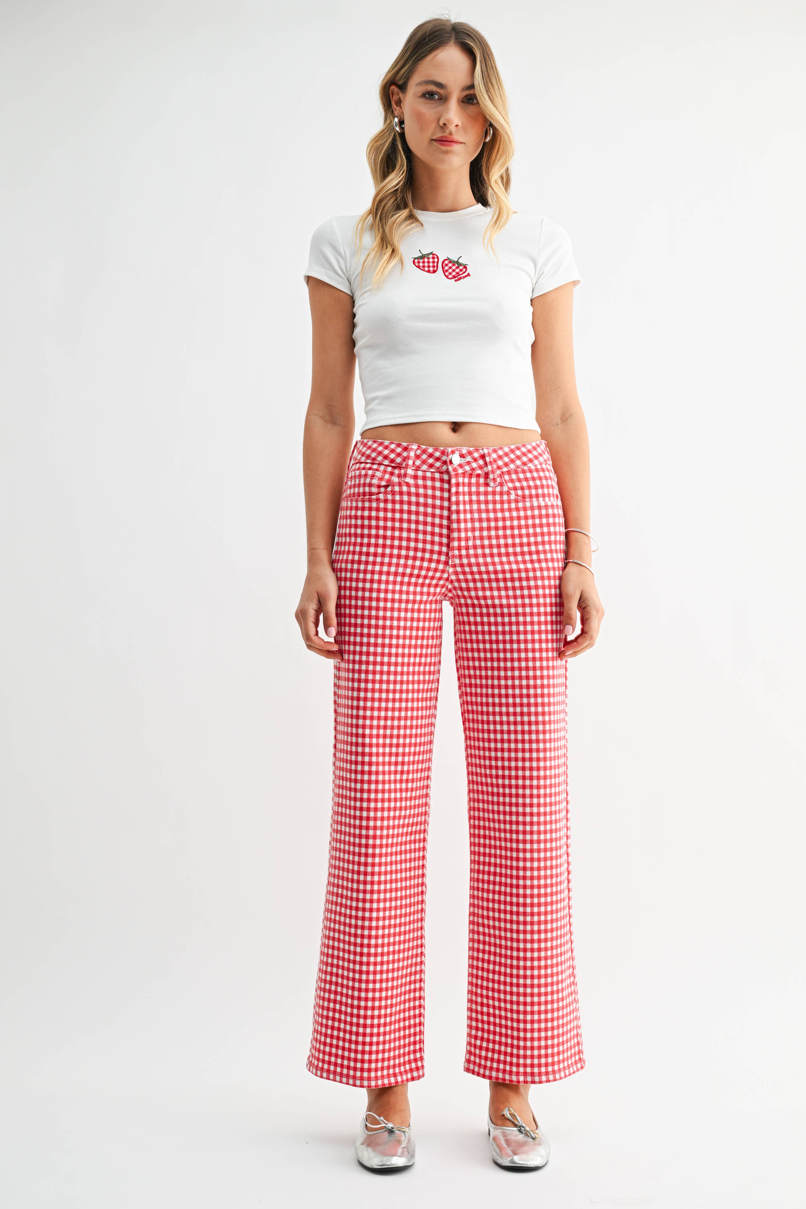 Red Gingham High Rise Full Length Straight