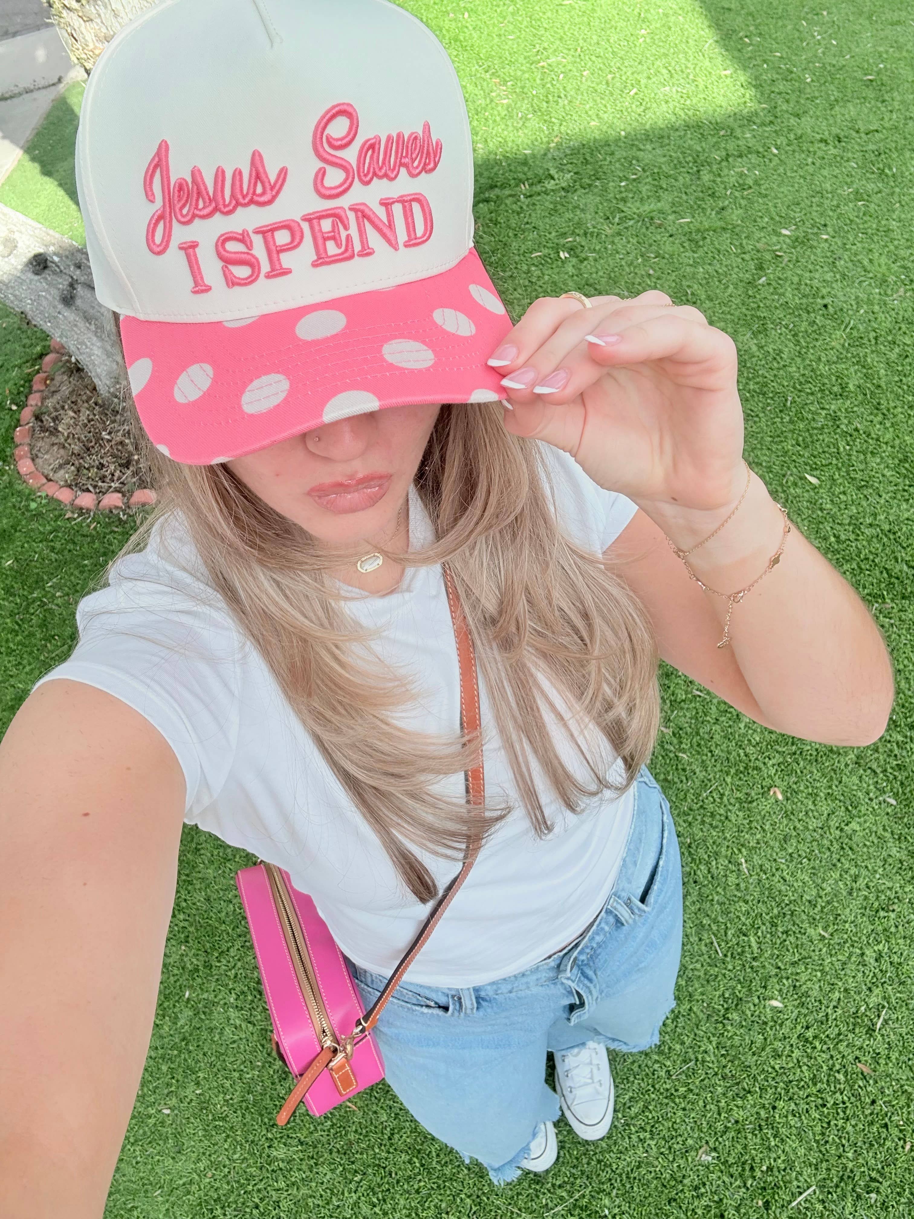 Pink Polka Dot Jesus Saves I spend trucker hat