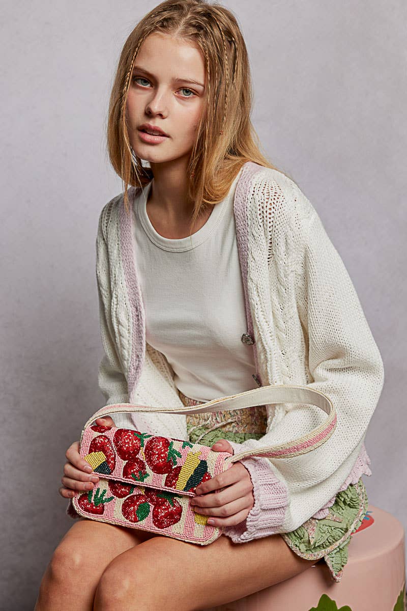 Pink Beaded Fruit Pattern Shoulder Bag
