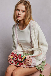 Pink Beaded Fruit Pattern Shoulder Bag