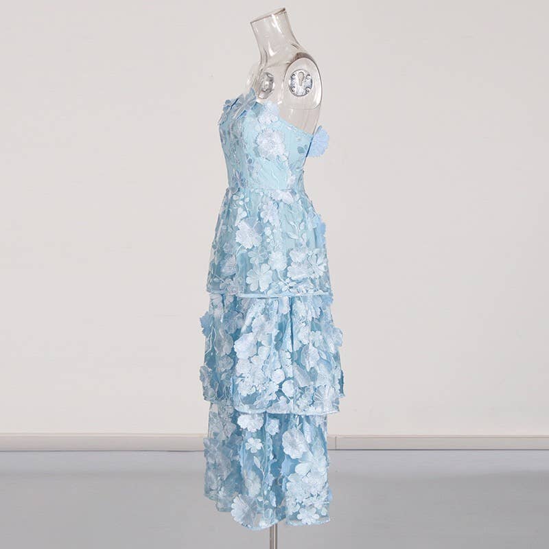 Blue 3D Flower Strapless Dress