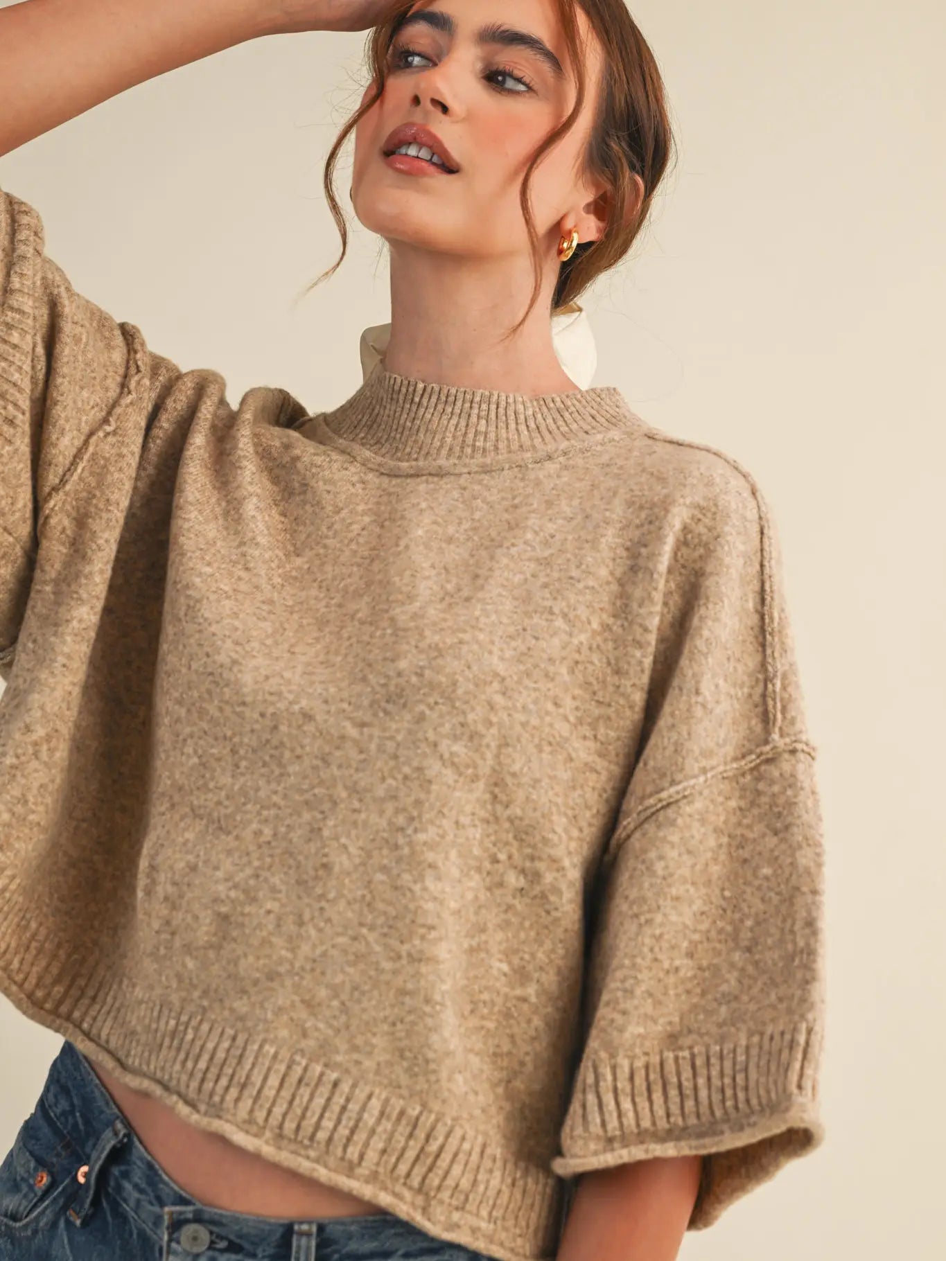 Mocha Mock Neck Short Sleeve Sweater