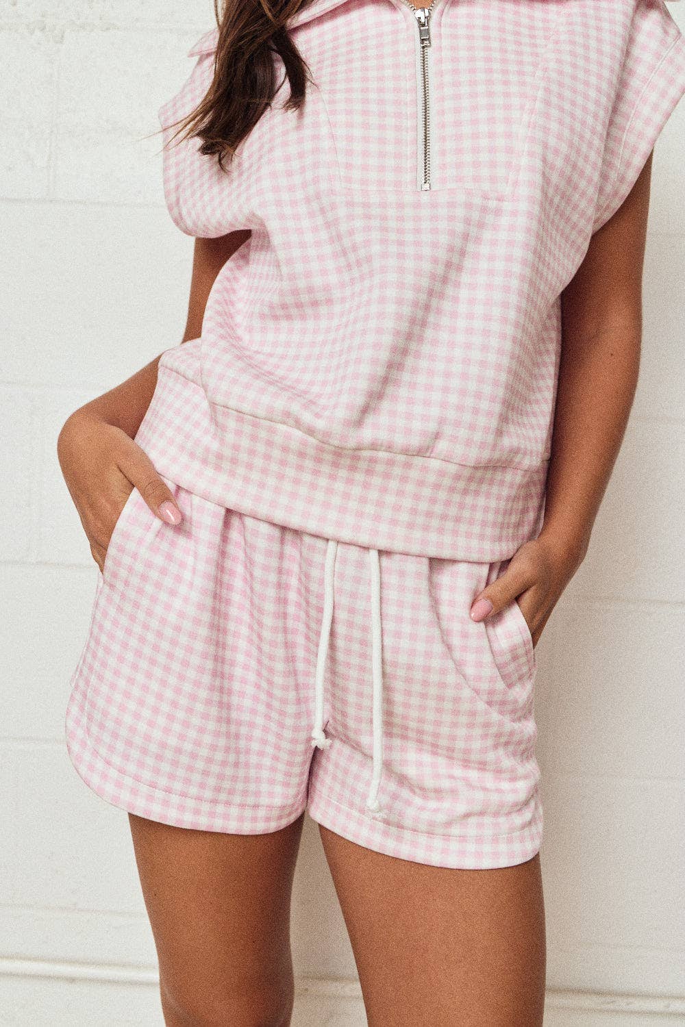 Pink Gingham Zip Up Top Short Set