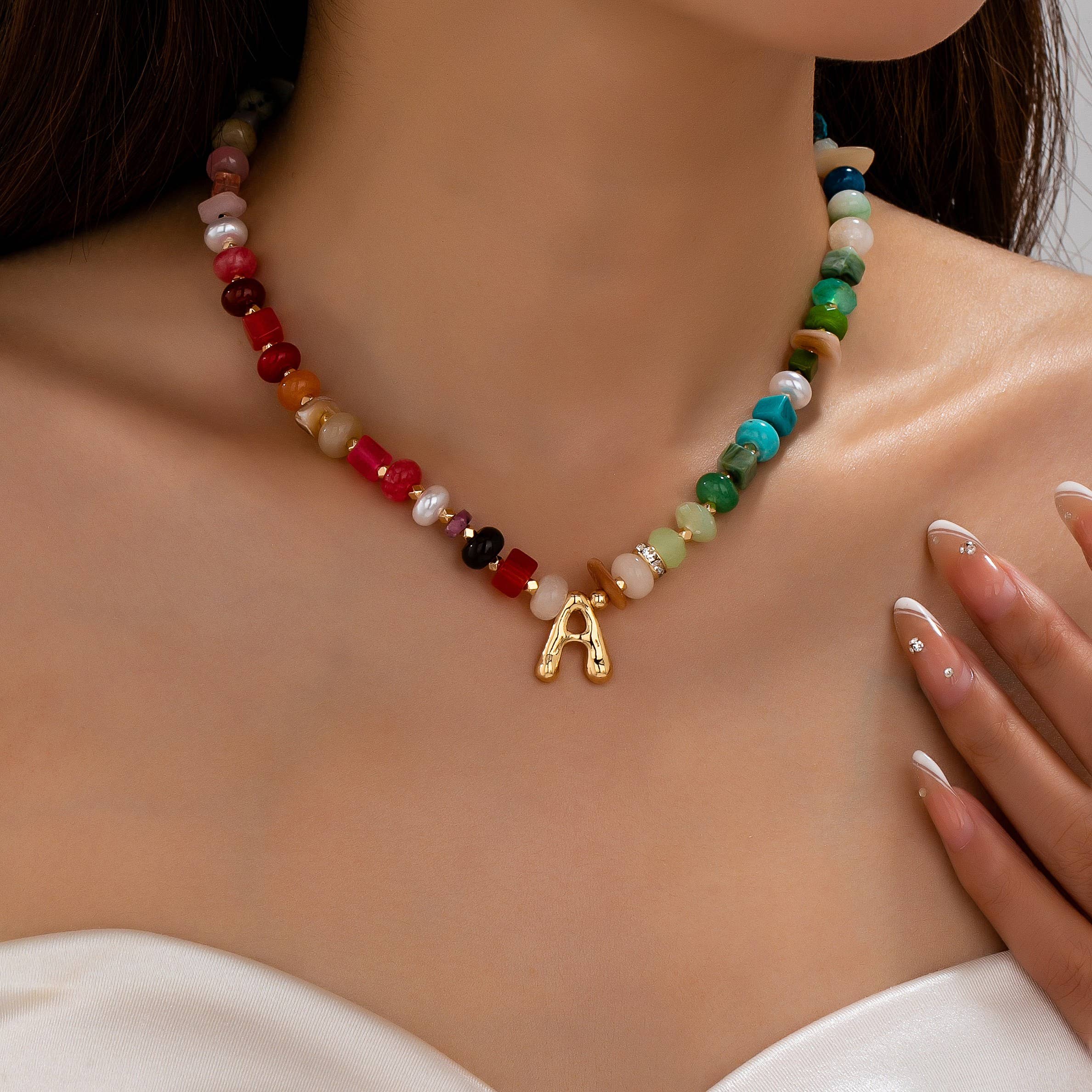 Multicolor Gemstone Chip Initial Necklace