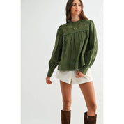 Green Puff Sleeve Embroidered Blouse