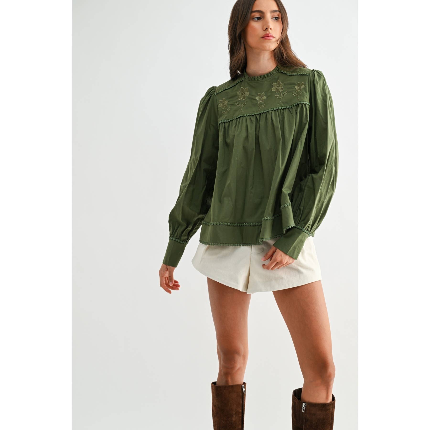 Green Puff Sleeve Embroidered Blouse