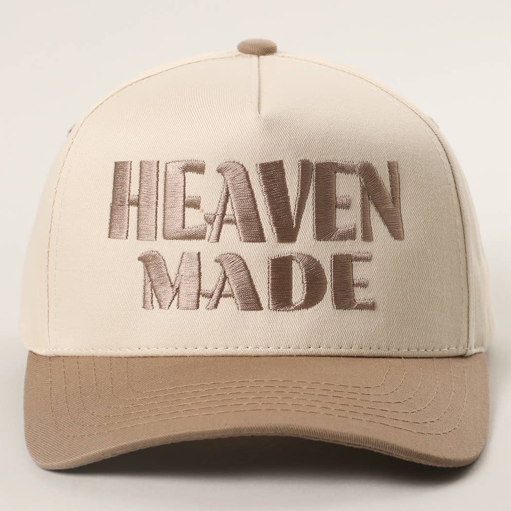 Beige Heaven Made Hat — “heaven made” lettering across the front and color: beige