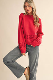Red Scalloped Mock Neck Sweater