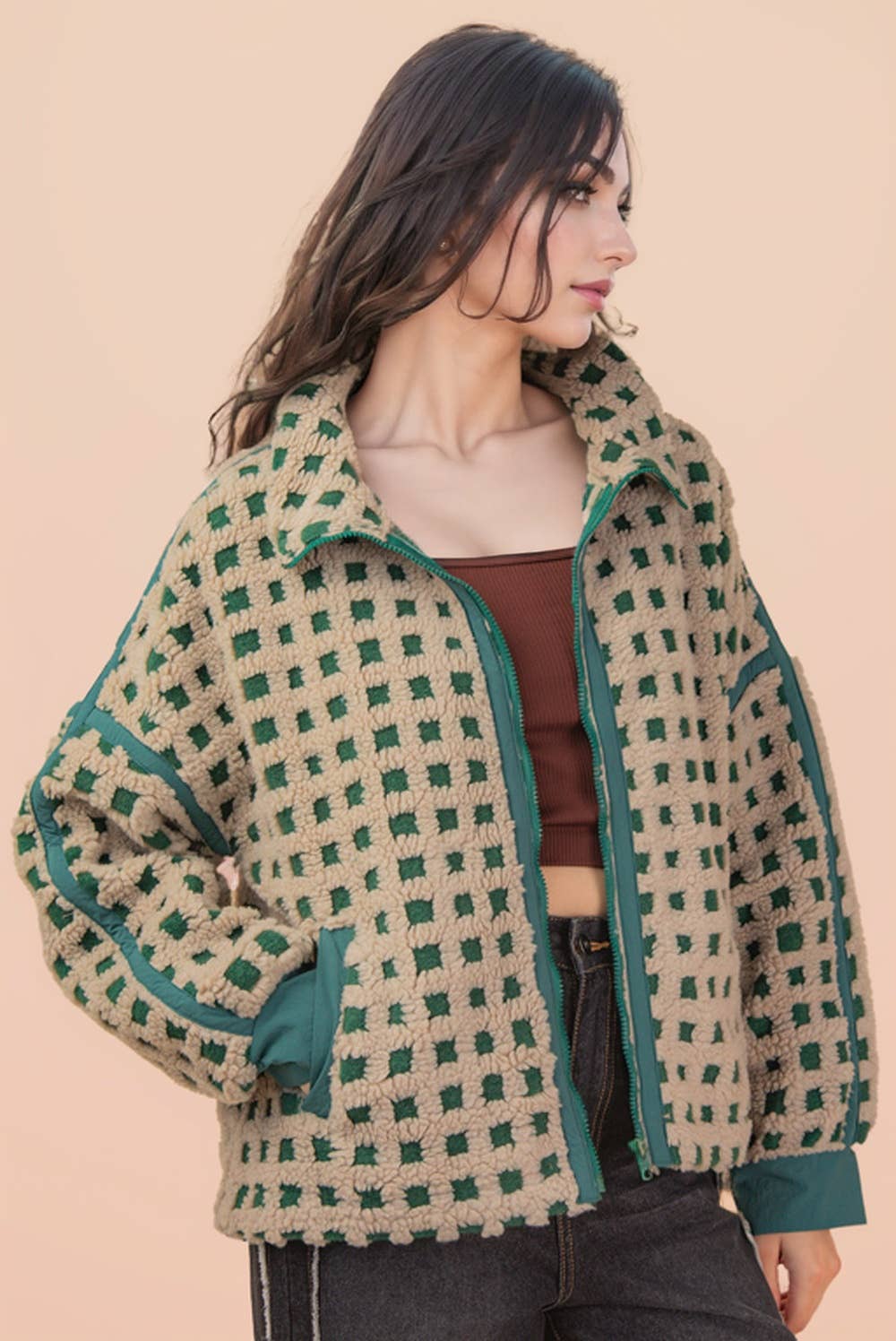 Gray & Green Oversized Checker Fleece Jacket