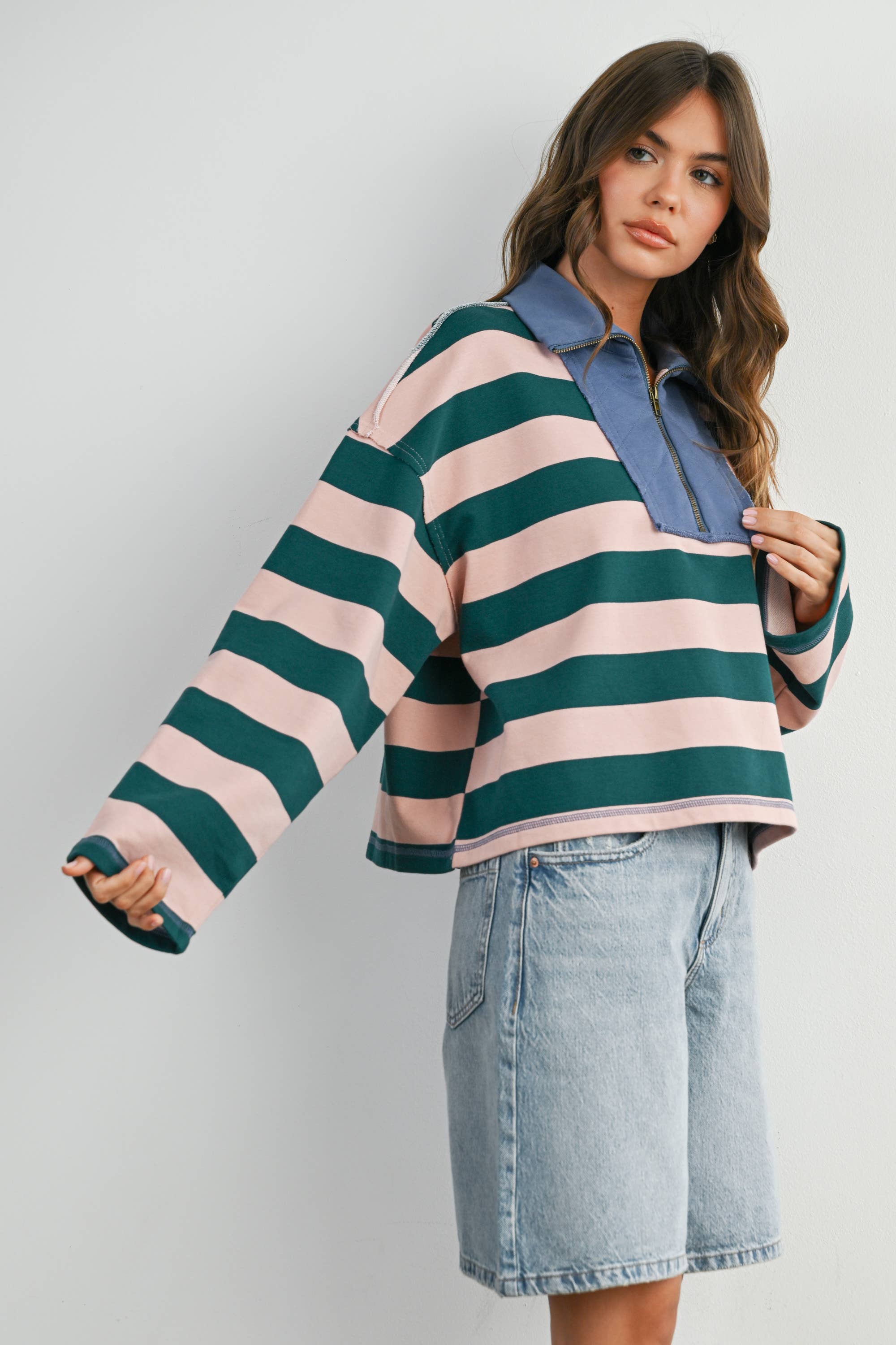 Green Striped Quarter-Zip Contrast Collar Sweatshirt