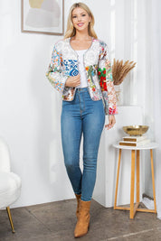 White Floral Print Quilted Patch Reversible Jacket
