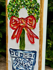 Christmas Wreath Topiary Textured Painted Art Block — view 4