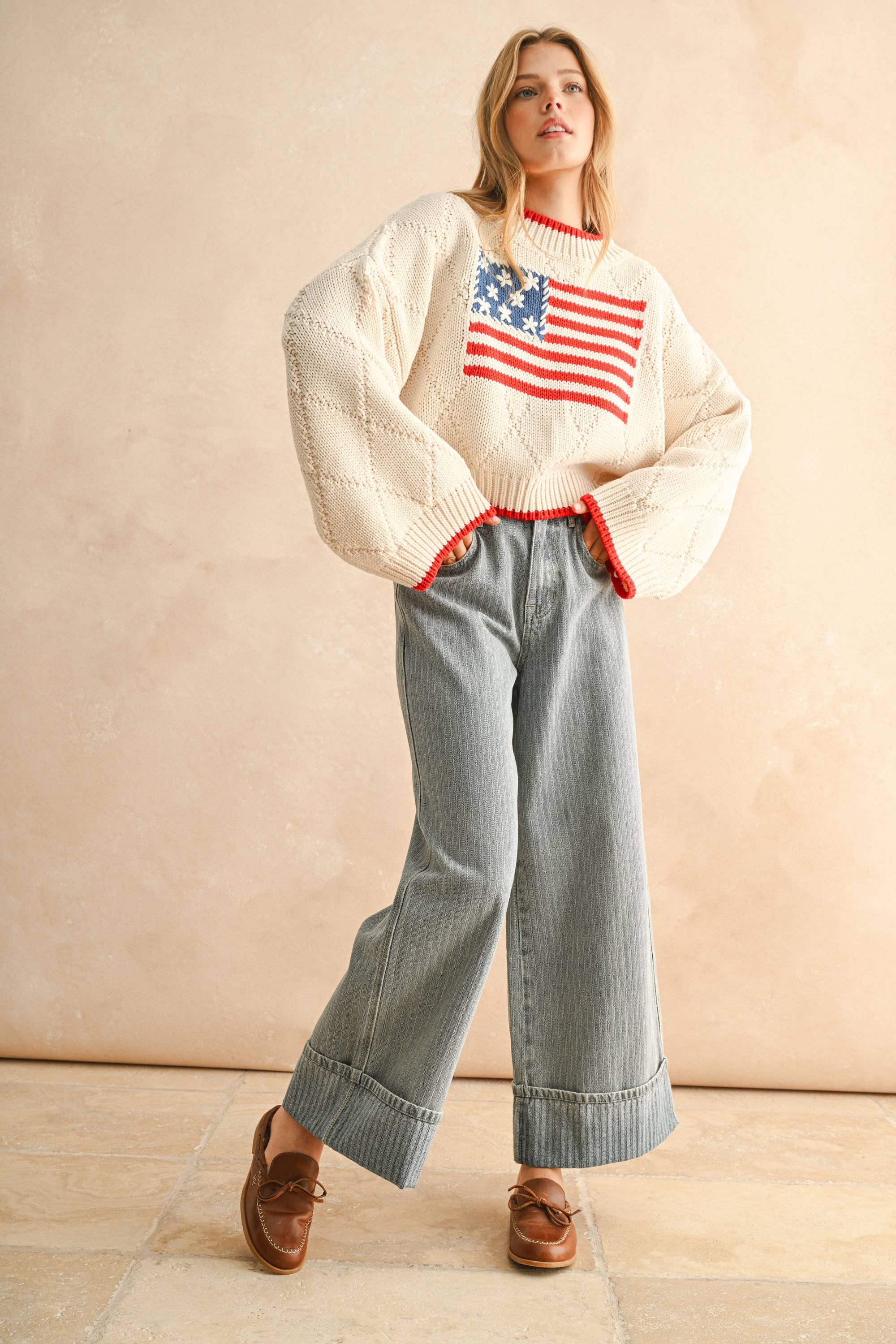 Cream American Flag Front Sweater Top
