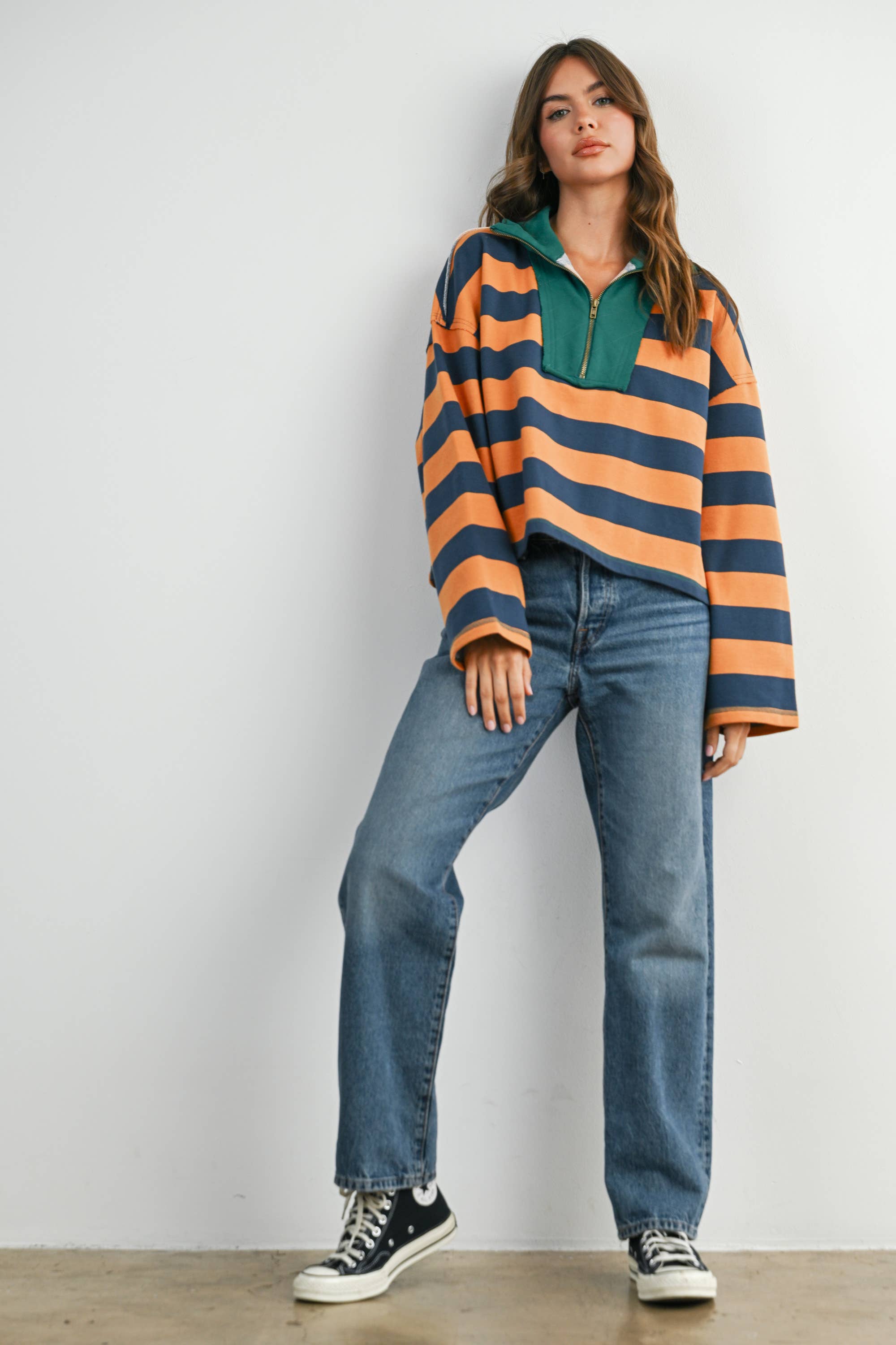 Green Striped Quarter-Zip Contrast Collar Sweatshirt