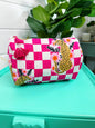 Quilted Makeup Bag | Pink Jaguar Checkered Cosmetics Bag