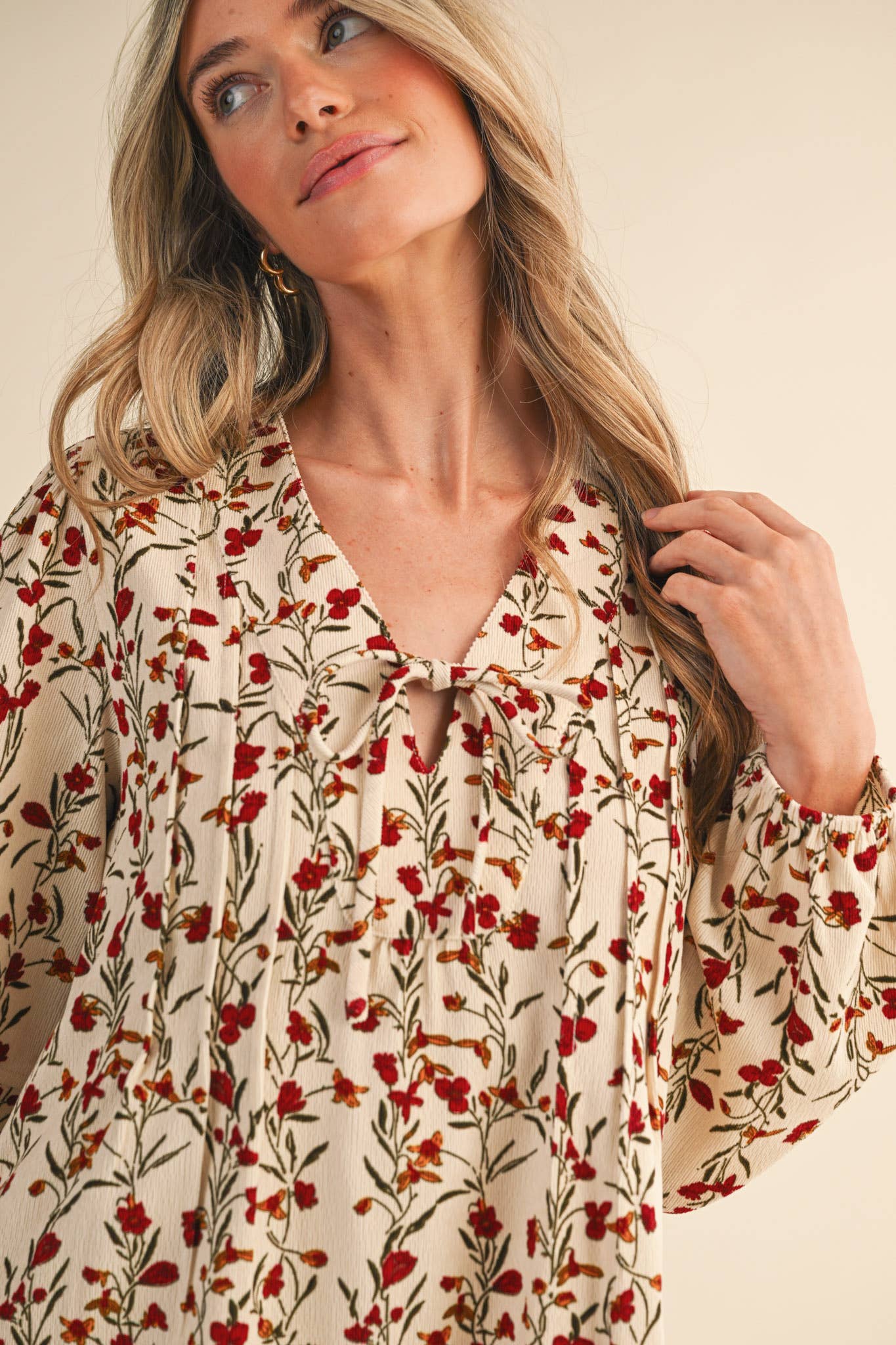 Cream Floral Corduroy Mini Dress