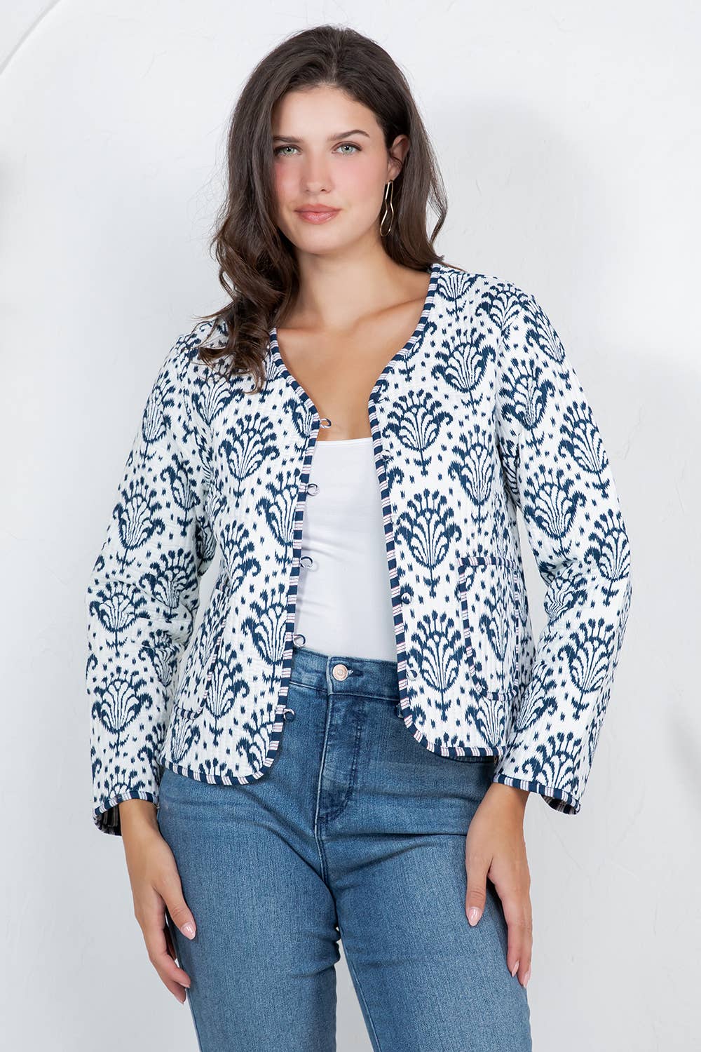 Blue & White Floral Print Quilted Jacket