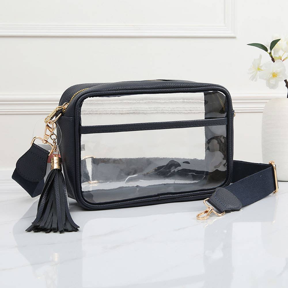 Faux Leather Transparent Rectangular Crossbody Bag: Clear,Royal Blue