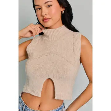 Oatmeal Mock Neck Cutout Crop Sweater