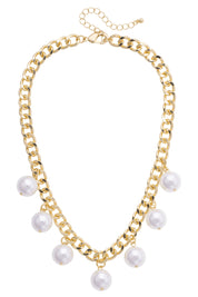 Maribel Pearl Statement Chain Necklace in Shiny Gold — length: 16" adjustable and closure: bullet point clasp