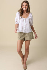 White Tie-Front Pintuck Blouse