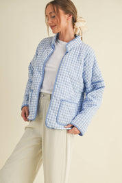 Light Blue Quilted Gingham Jacket showing stand collar