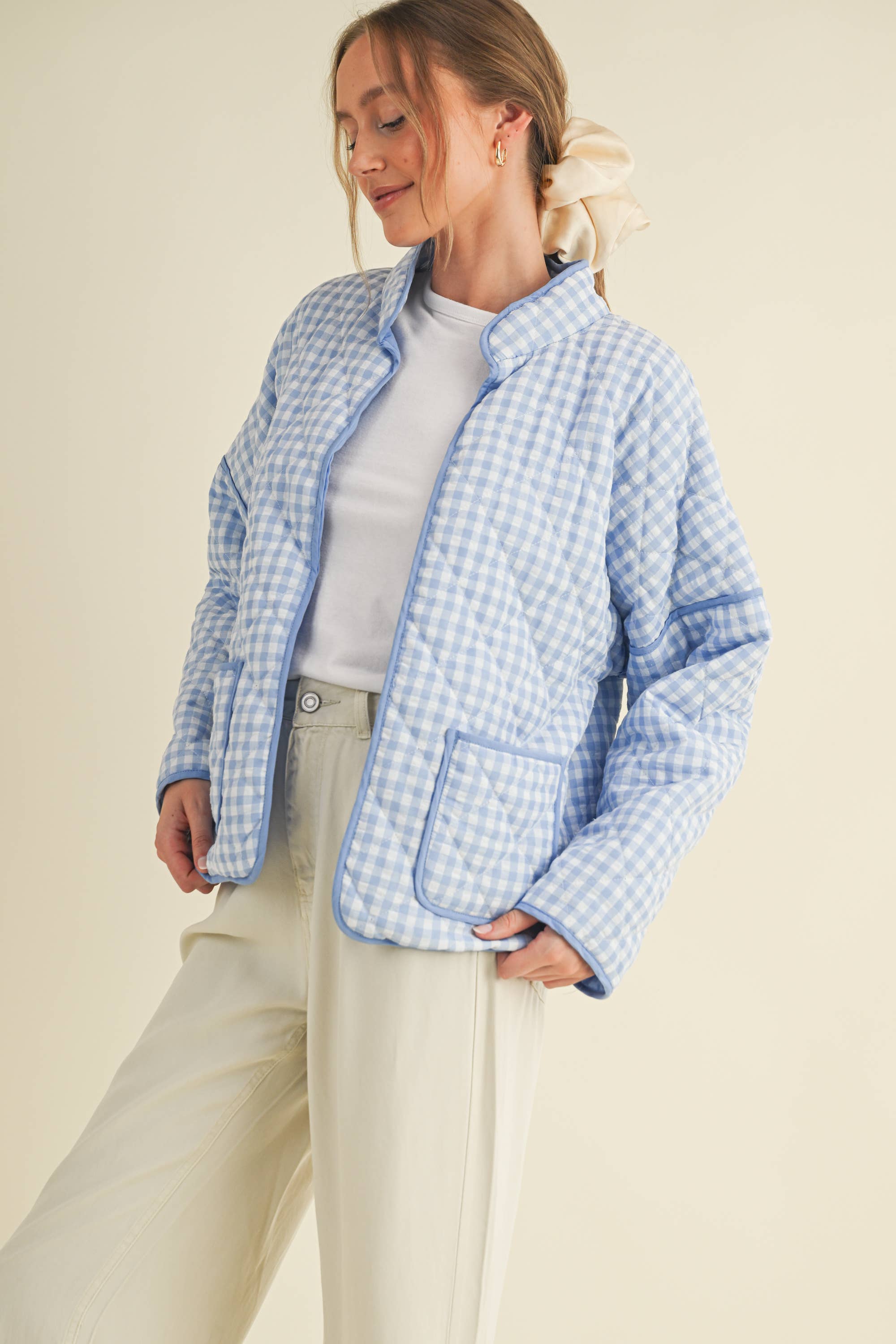 Light Blue Quilted Gingham Jacket showing stand collar