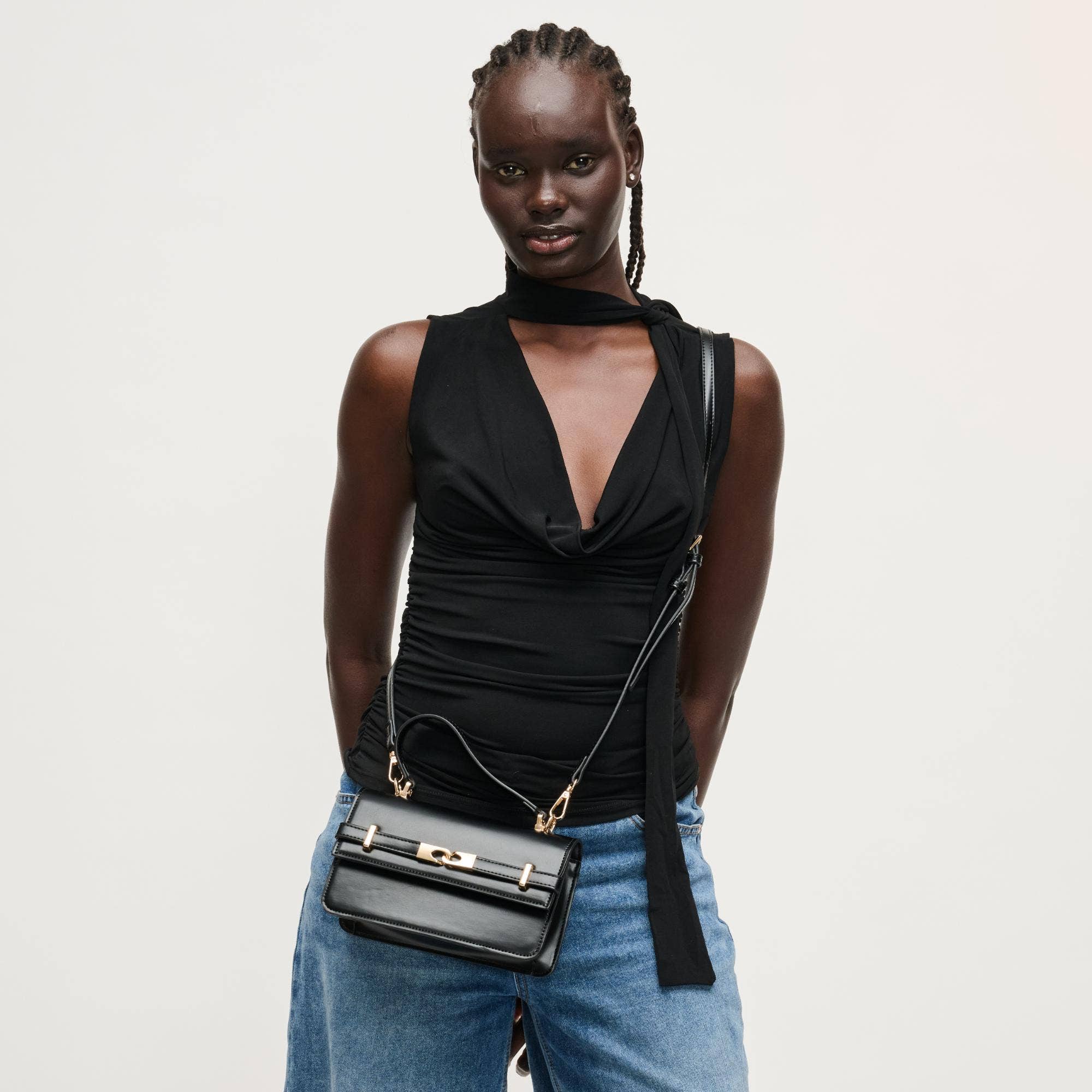 Black Belted Top Handle Crossbody