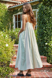 Green & White Striped Cami Pintuck Midi Dress