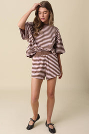 Brown & Pink Striped Elastic-Waist Shorts