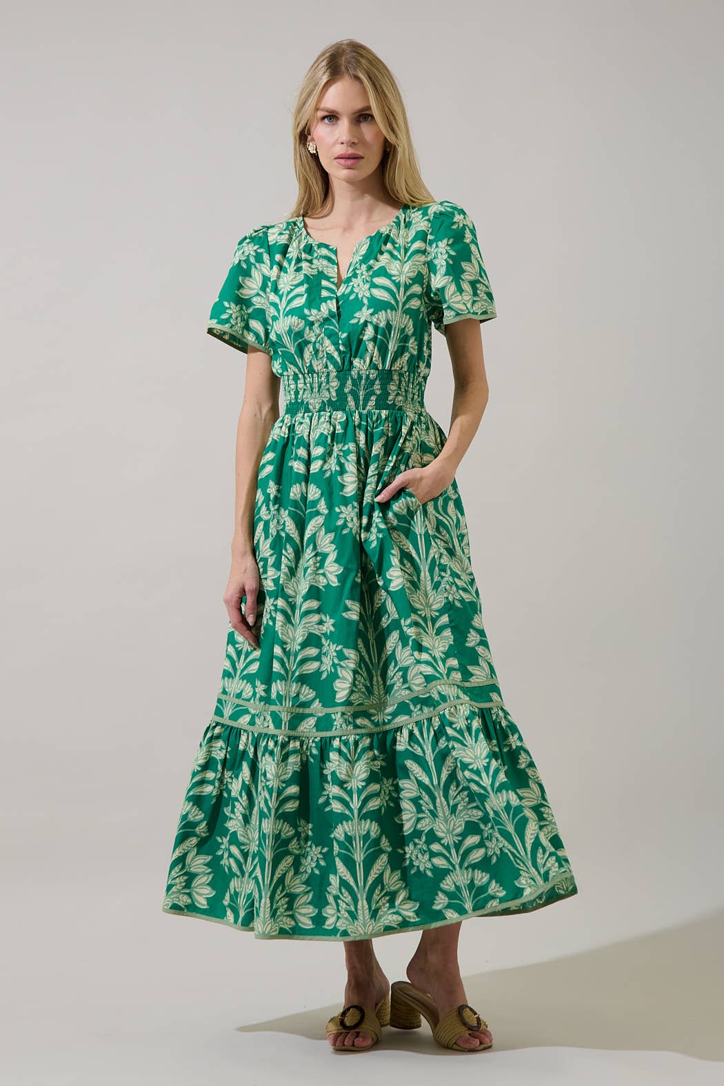 Green Smocked Midi Floral Dress