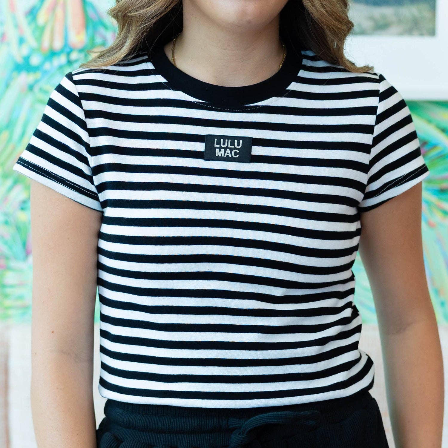 Black Stripe Baby Doll Top Lulu Mac — classic crew neckline and short sleeve