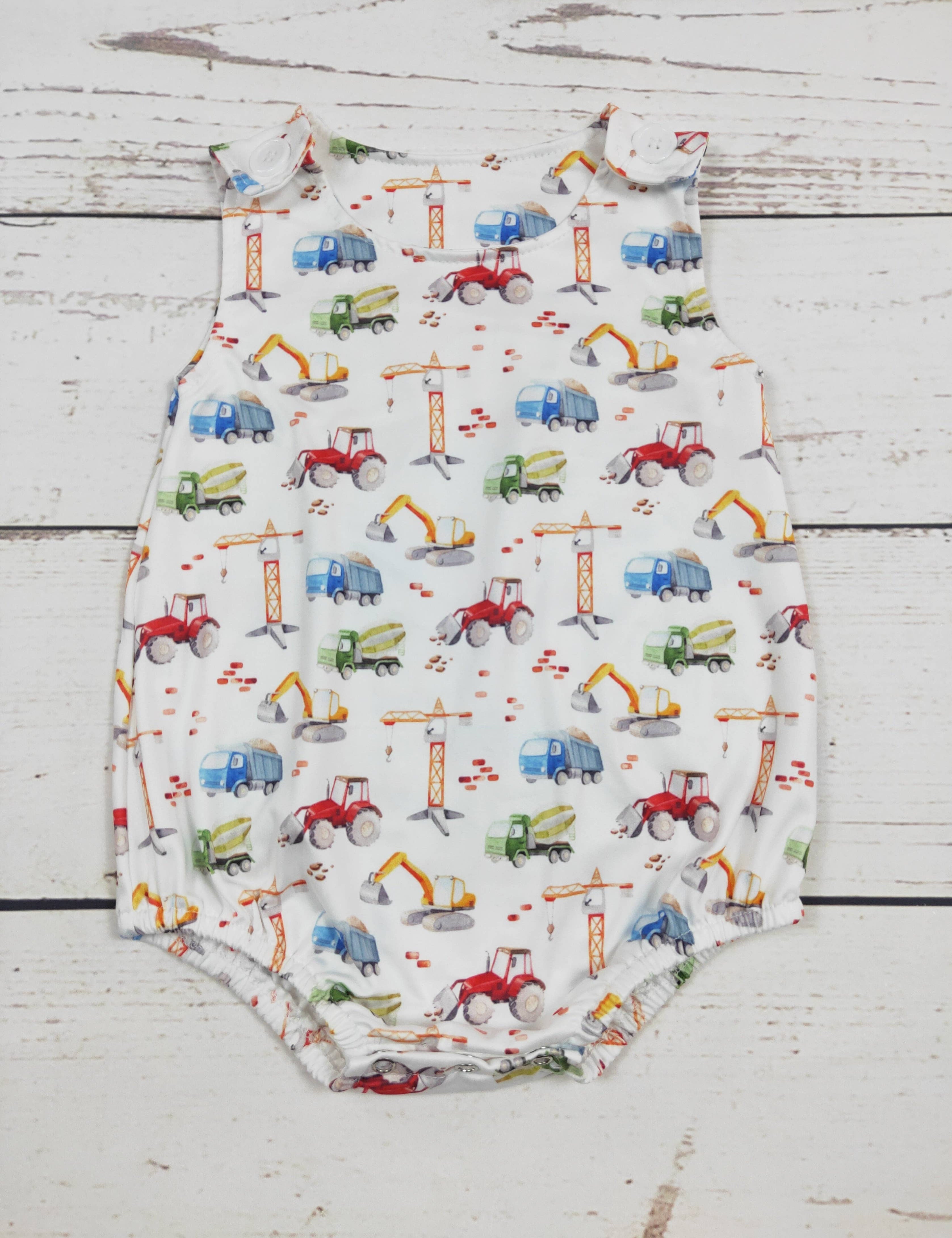 Baby Boy Construction Bubble — color: white with multicolor construction vehicle print and sleeveless