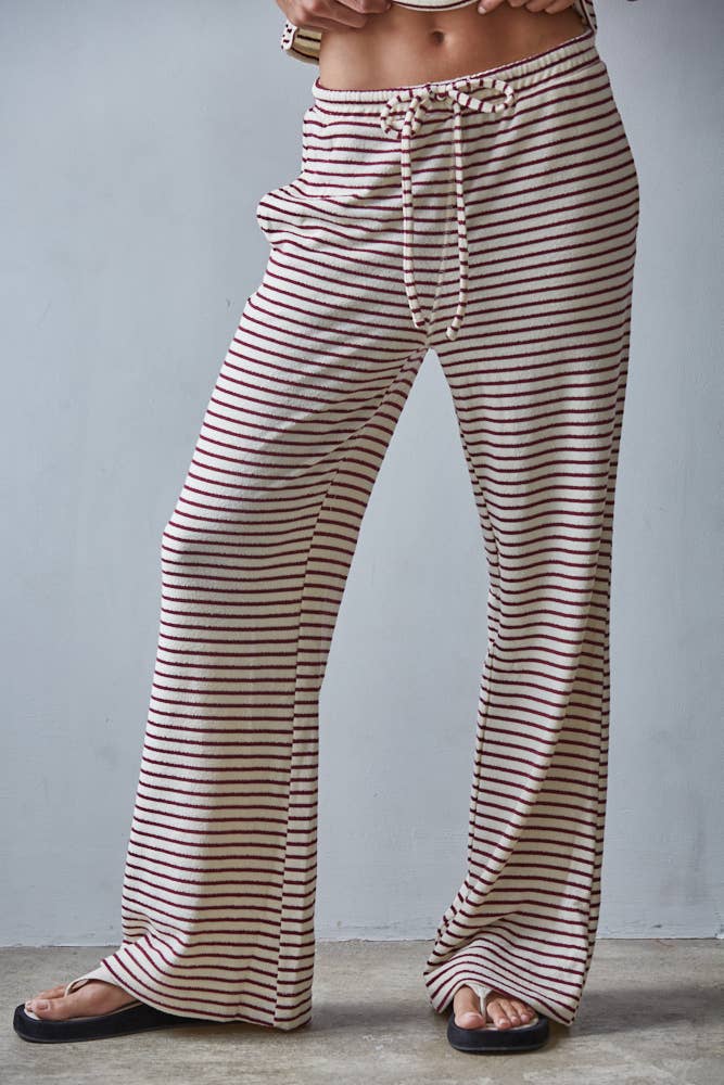 Cream & Burgendy Striped Flare Pants