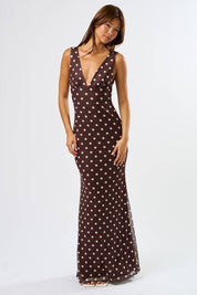 Brown Mesh Polka Dot Maxi Dress