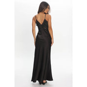 Black Lace Trim Satin Maxi Dress