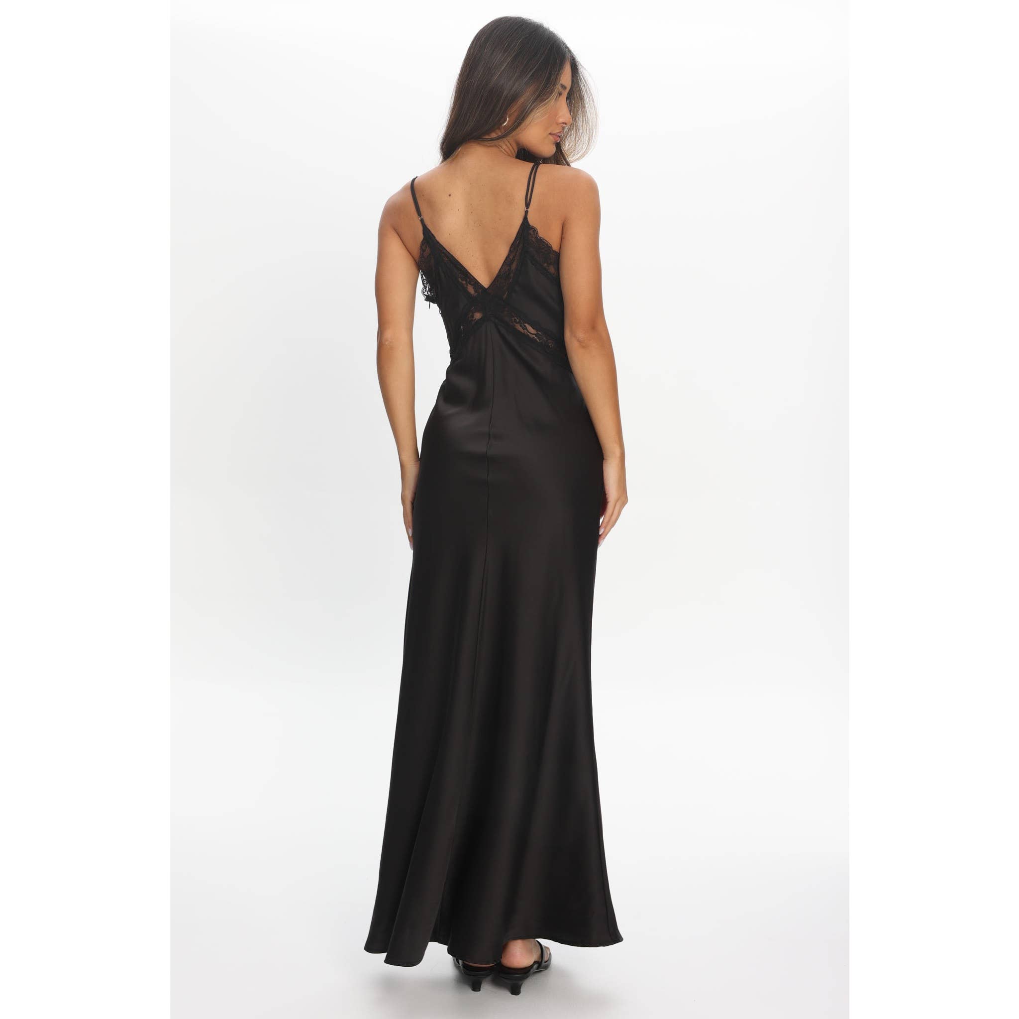 Black Lace Trim Satin Maxi Dress