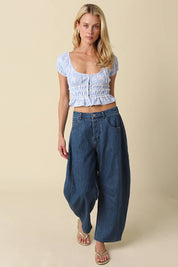 Blue Smocked Ruffle Crop Top