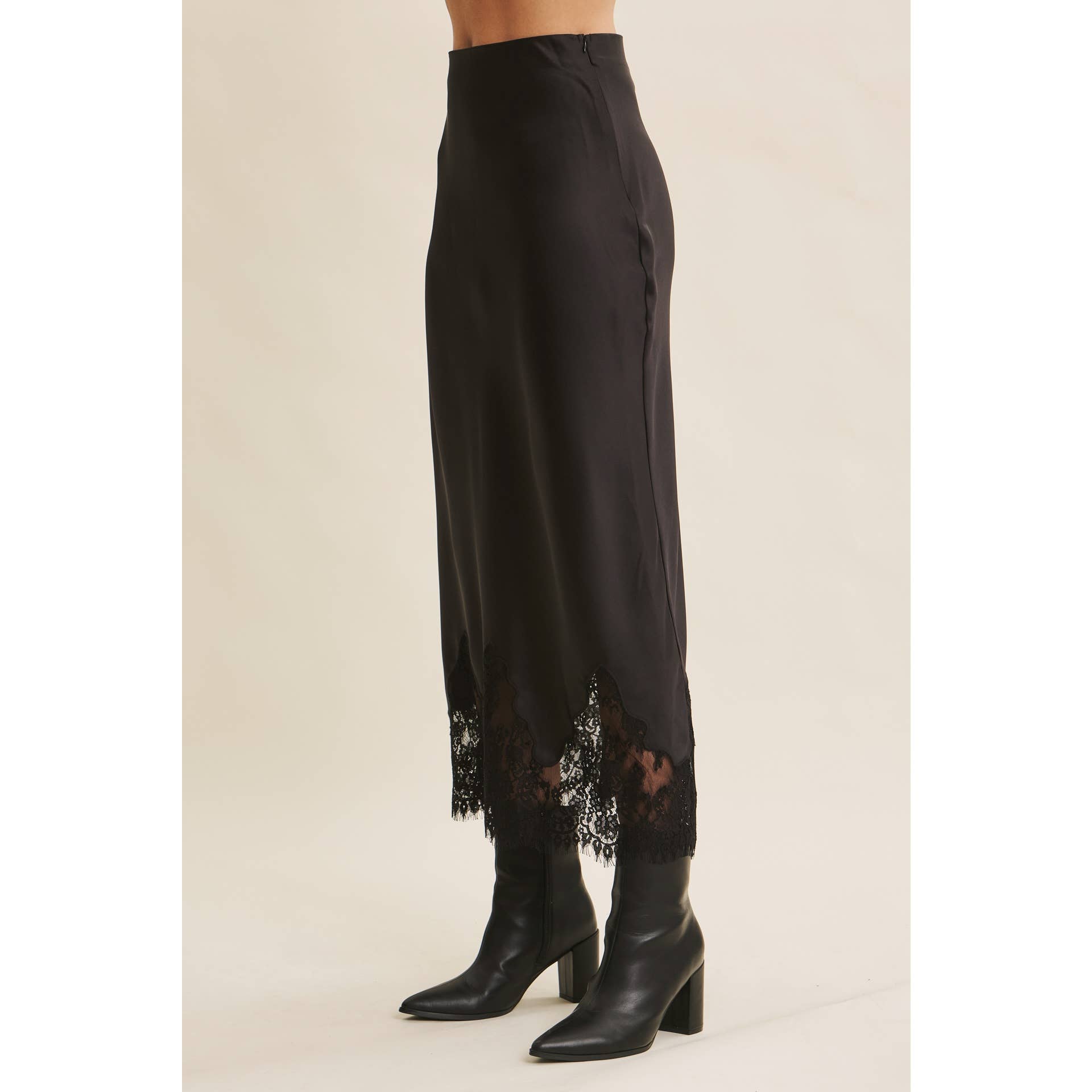 Black Lace and Satin Midi Skirt