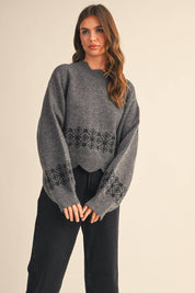 Charcoal Scalloped Mock Neck Sweater