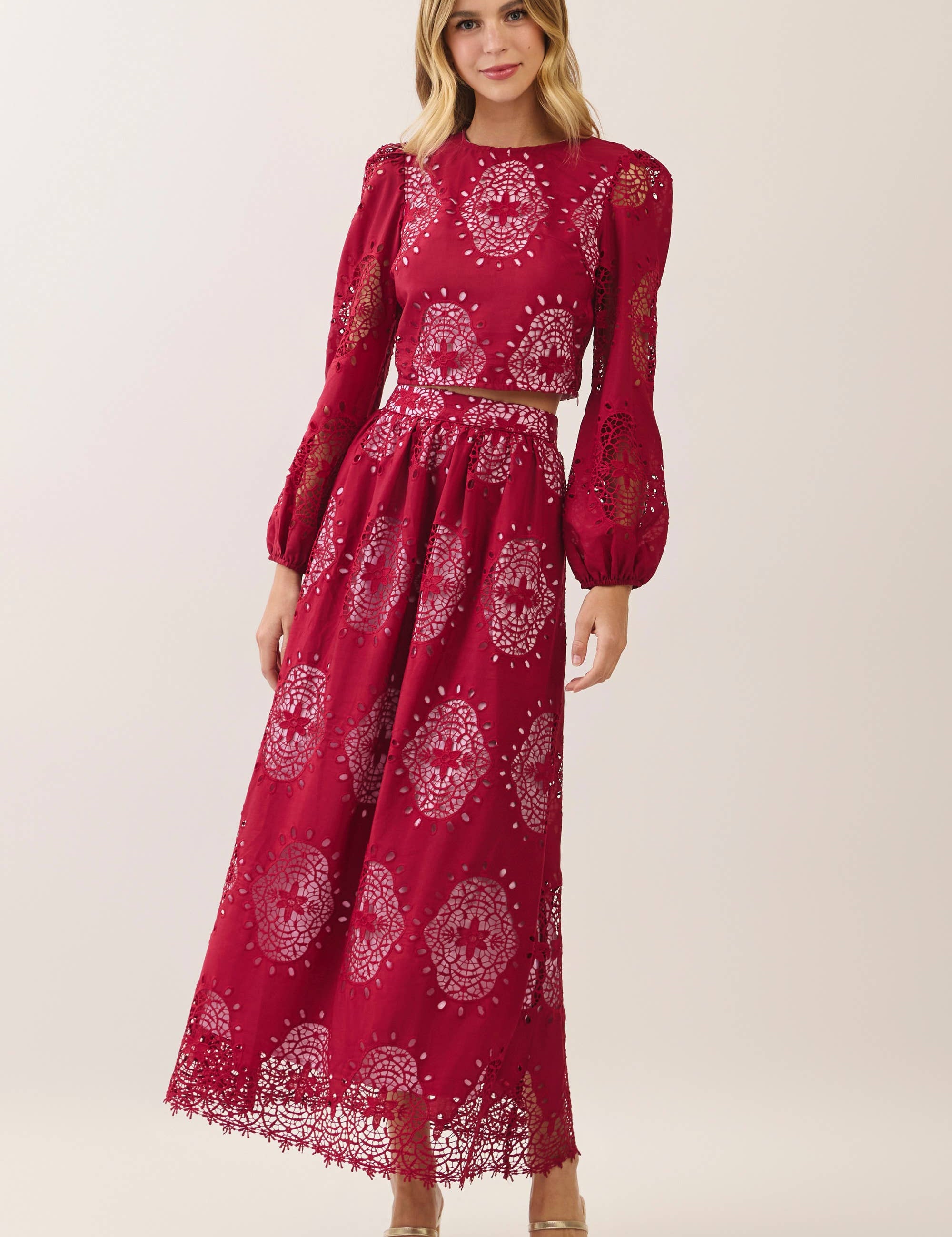 Burgundy Eyelet Puff Sleeve Crop Top