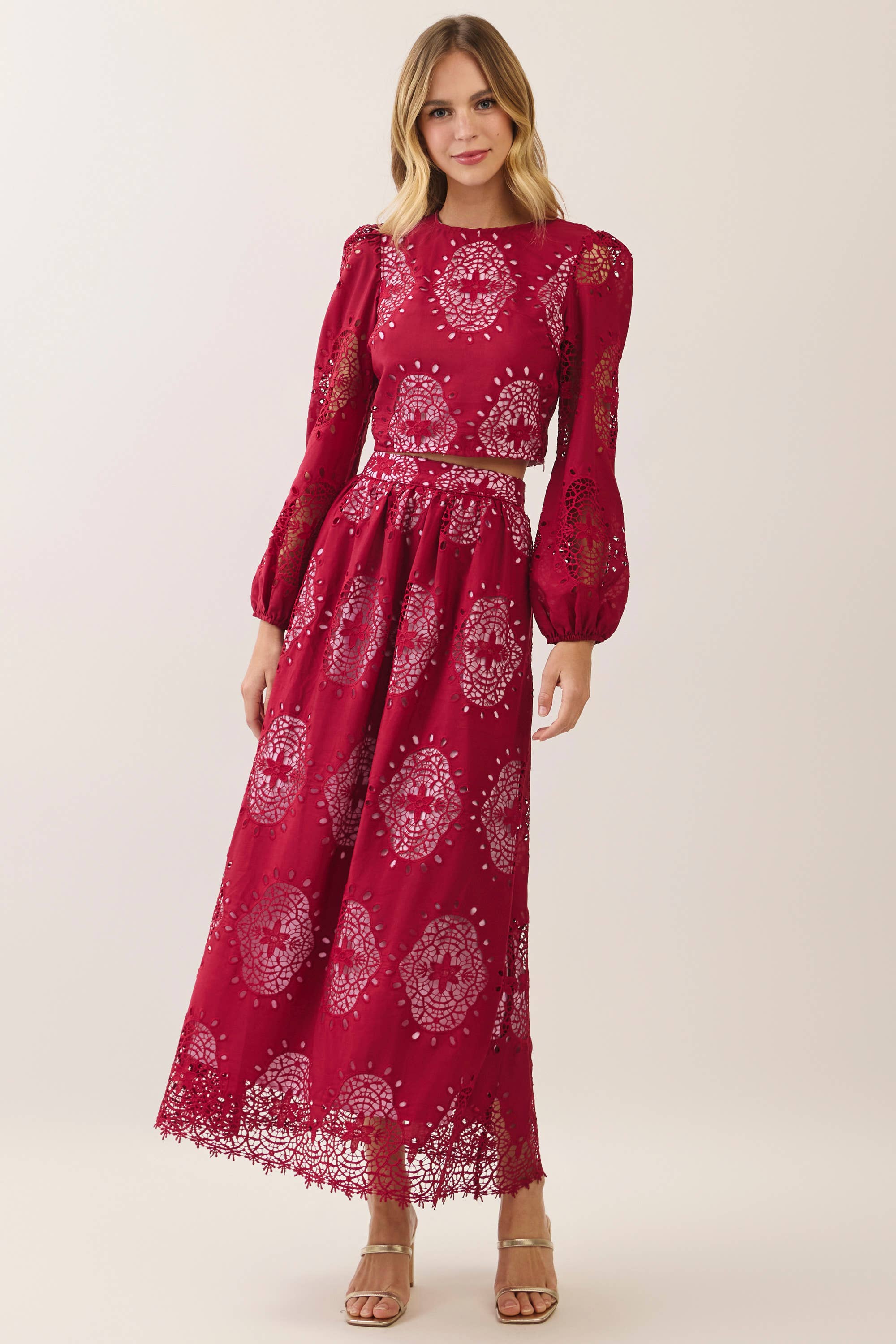 Burgundy Eyelet Puff Sleeve Crop Top