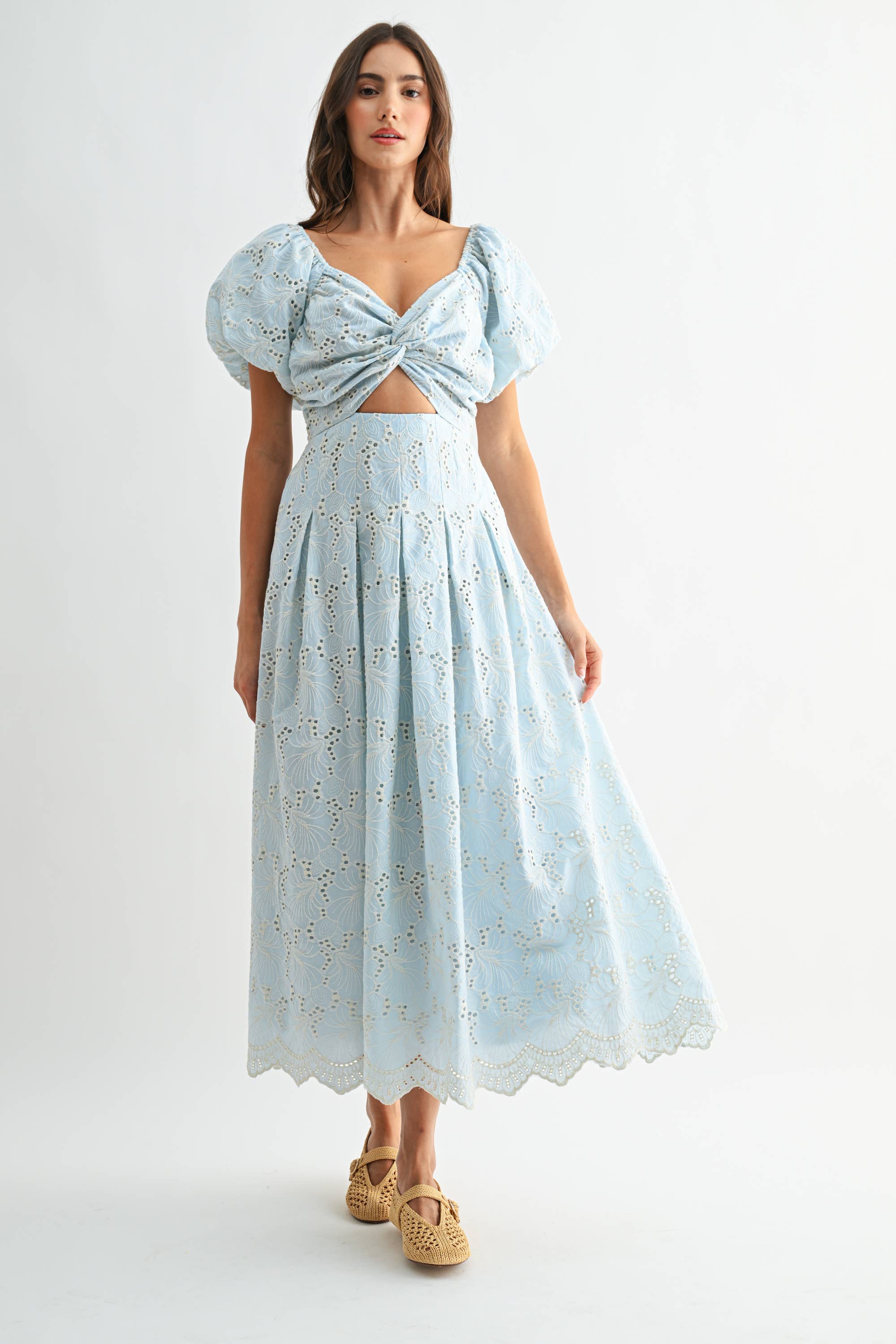 Blue Eyelet Puff Sleeve Maxi Dress