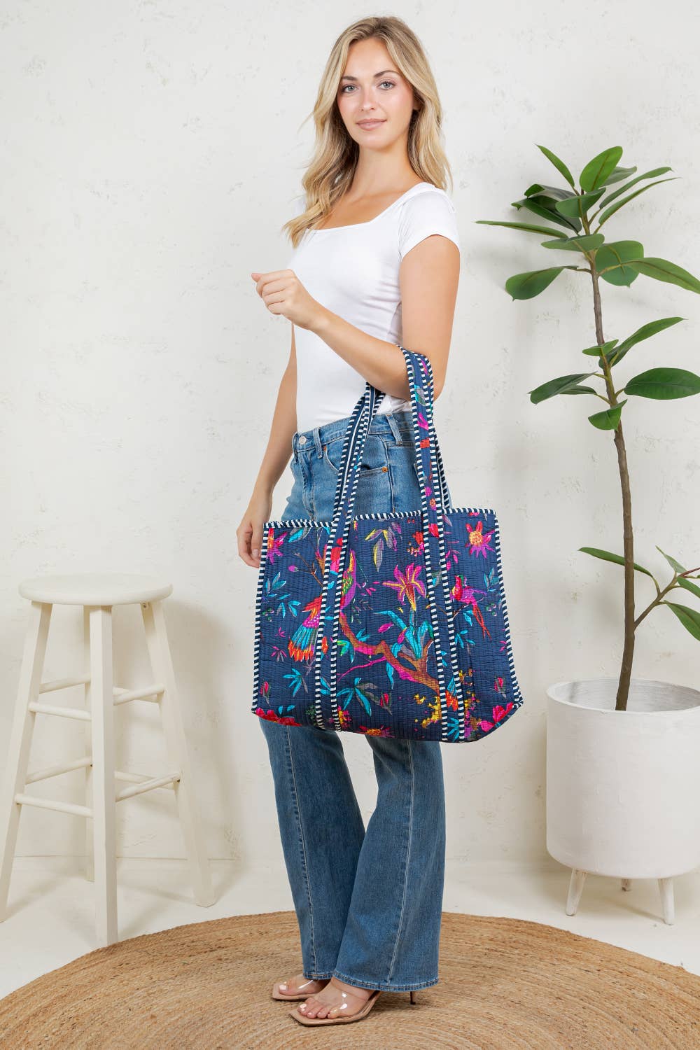Navy Bird Quilted Tote Bag